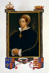 Portrét Marie Tudorovny z knihy "Memoirs of the Court of Queen Elizabeth", vydané v roce 1825 (kvaš a čb na papíře)